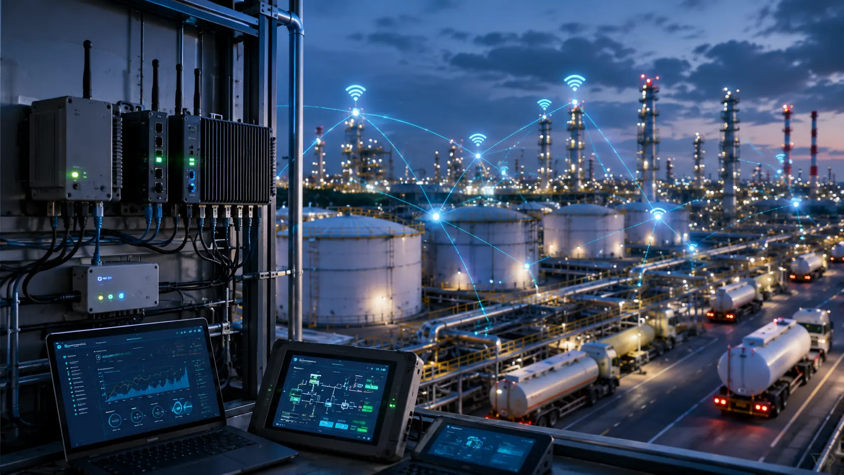 Downstream petroleum operations including tank farms, loading racks, and refinery infrastructure