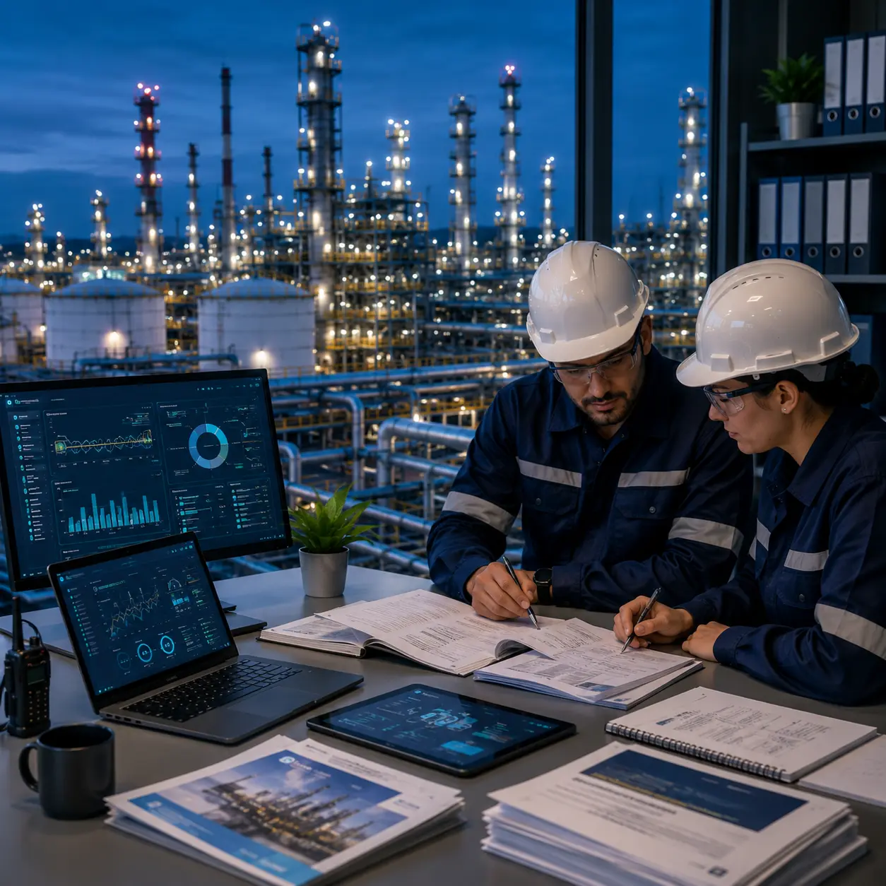 Engineering and operations teams reviewing technical documentation for downstream facility digital transformation