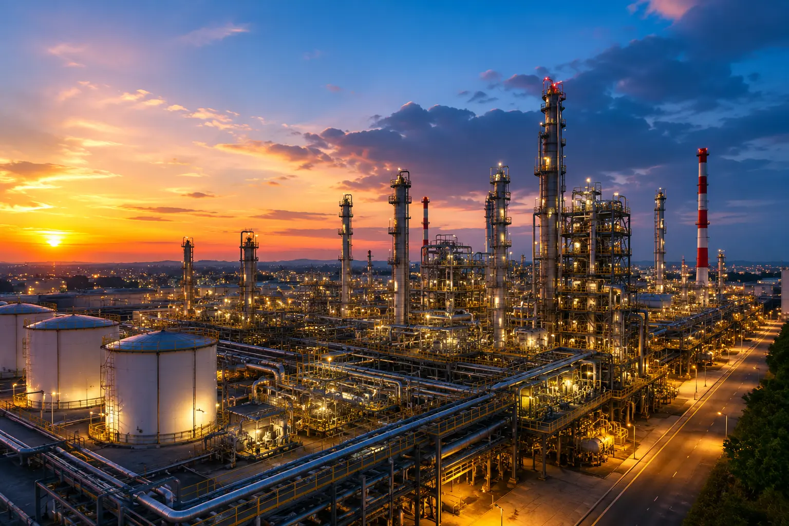 Industrial piping and processing infrastructure at a downstream petroleum facility